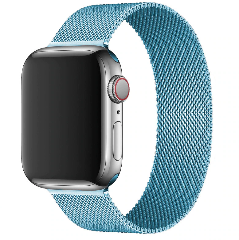 Smartwatch with silver case and sky blue woven mesh loop band, featuring digital crown and red accent button