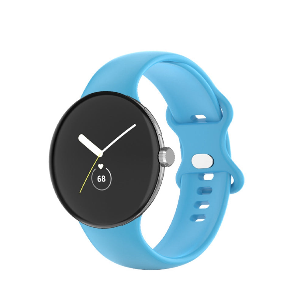 Blue silicone smartwatch band with black dial showing time and heart rate monitor display
