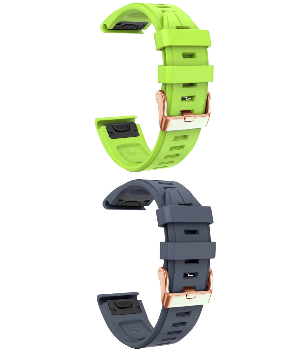 QuickFit 20mm silicone watch bands in lime green and navy blue with rose gold hardware connectors