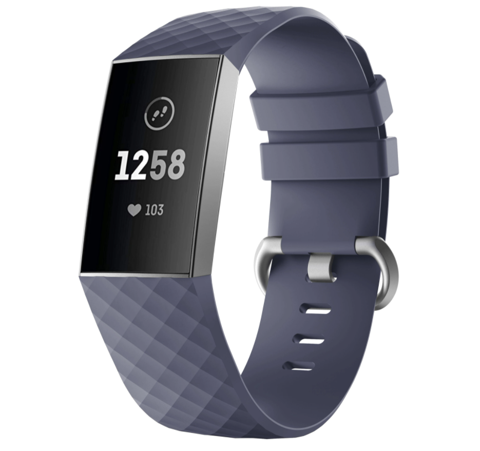 Blue Fitbit Charge 3 4 fitness tracker with quilted silicone band displaying step count and heart rate