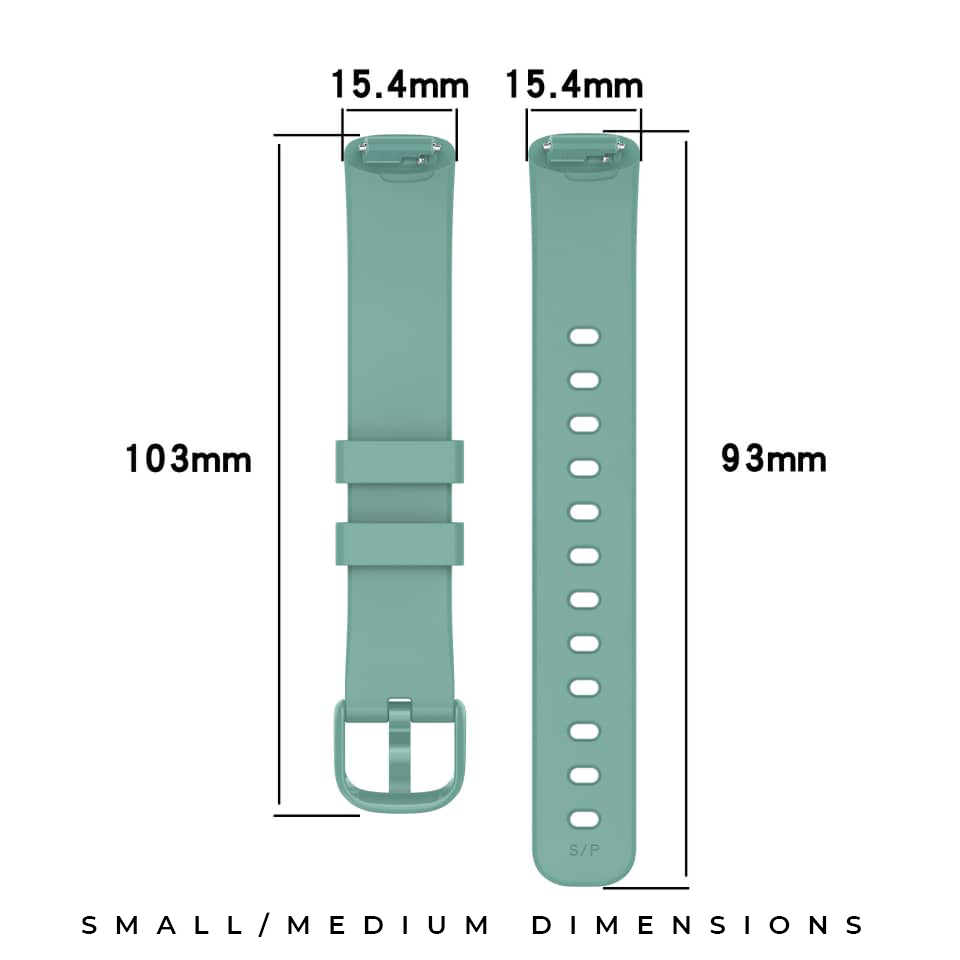 Sage green Fitbit Inspire 3 silicone band with adjustable buckle, small and medium sizes shown with precise dimensions