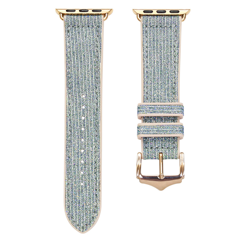 Blue sparkle hybrid Apple Watch band with gold connectors and buckle closure