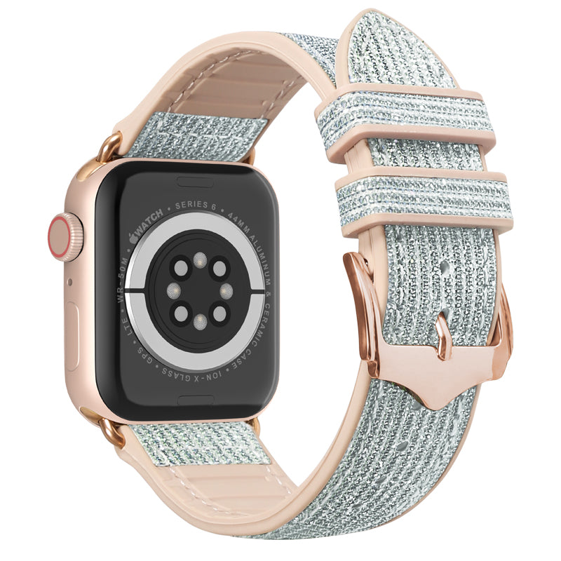 Rose gold Apple Watch Series 8 with blue sparkle hybrid fabric band and rose gold buckle clasp
