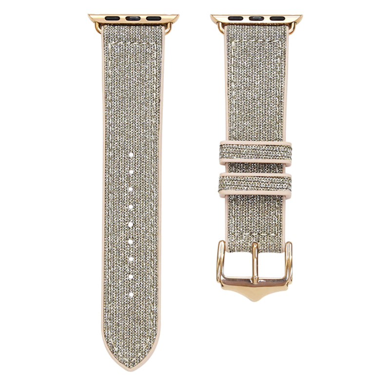 Gold sparkle hybrid smartwatch band with mesh fabric and metallic accents, compatible with Apple Watch sizes