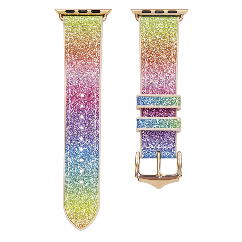 Rainbow glitter Apple Watch band with gradient sparkle effect and gold connector hardware