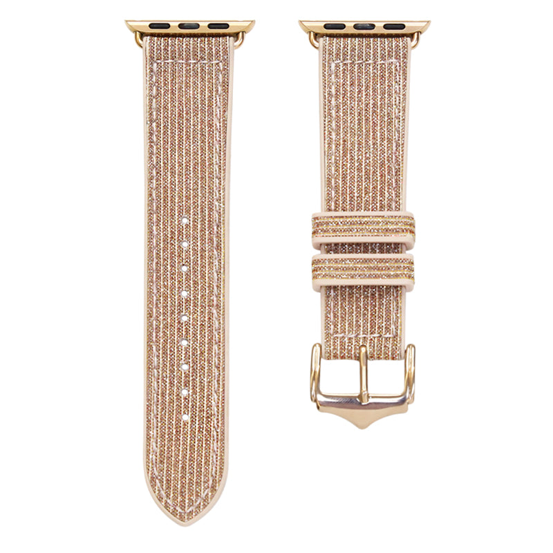 Rose gold sparkle hybrid Apple Watch band with woven mesh design and adjustable buckle closure