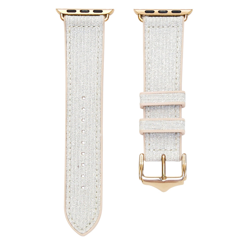 Sparkle Hybrid white watch band with gold connector for Apple Watch, featuring textured fabric design and adjustable leather straps