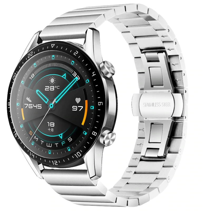 Silver stainless steel bracelet with quick release and deployment clasp for smartwatch, shown with black dial watch face