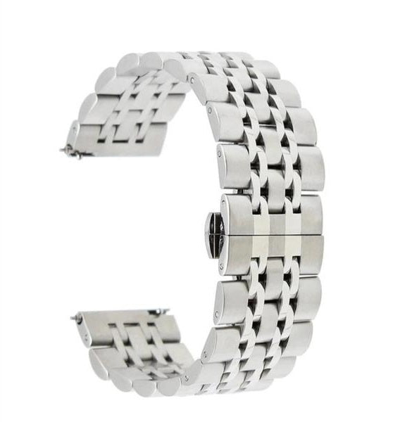 Silver steel watch bracelet with quick release deployment clasp and multi-row link design