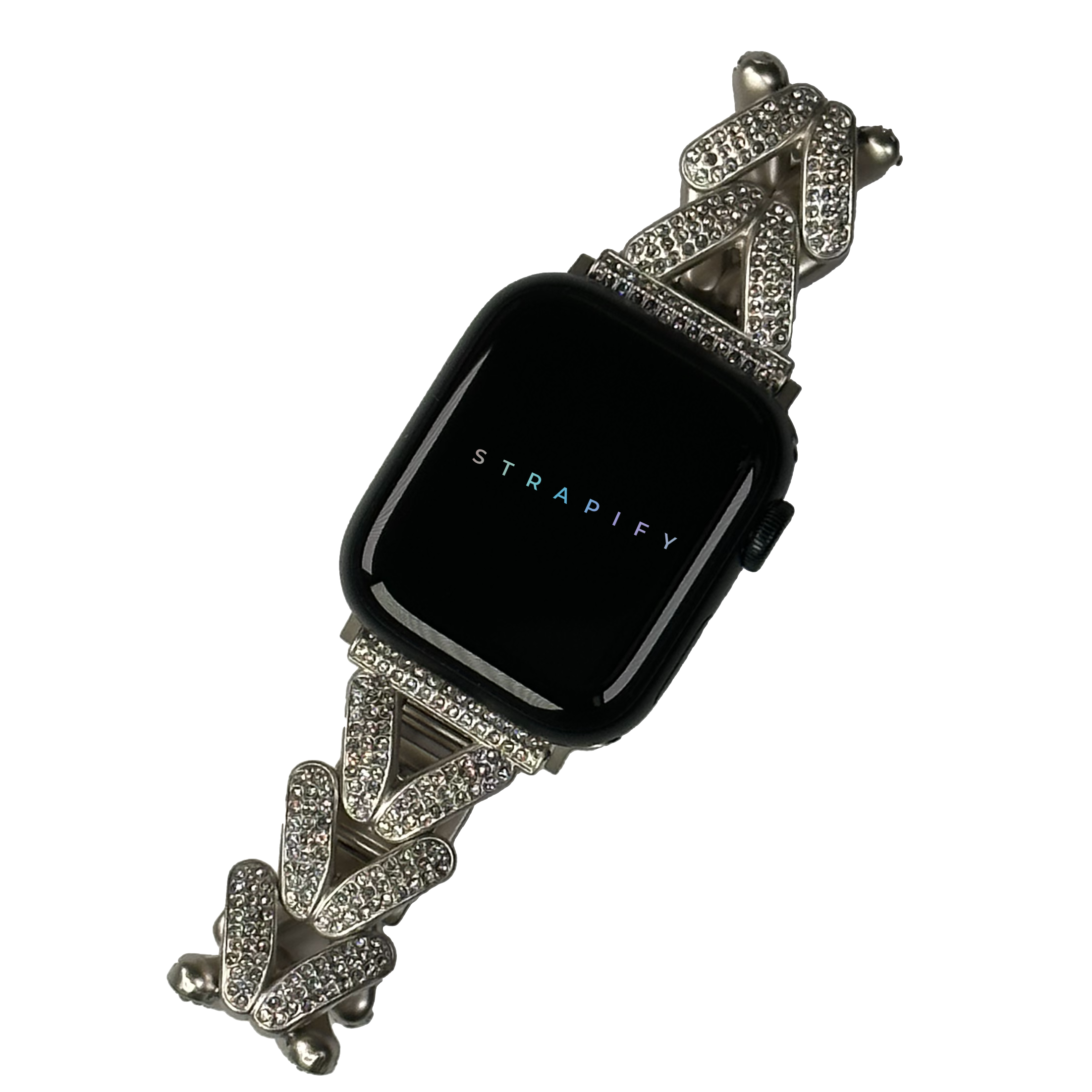 Stradify V-Link Shimmer Bracelet for Apple Watch with crystal-studded silver metal band and black smartwatch display