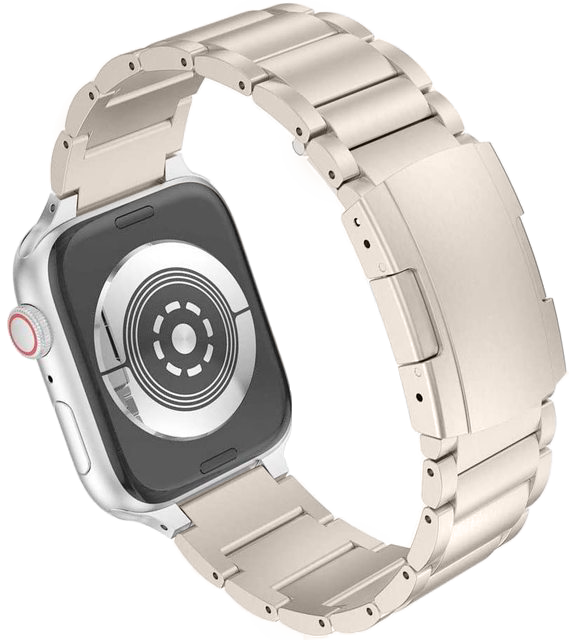 Titanium bracelet smartwatch band with silver metal links and secure clasp closure for Apple Watch