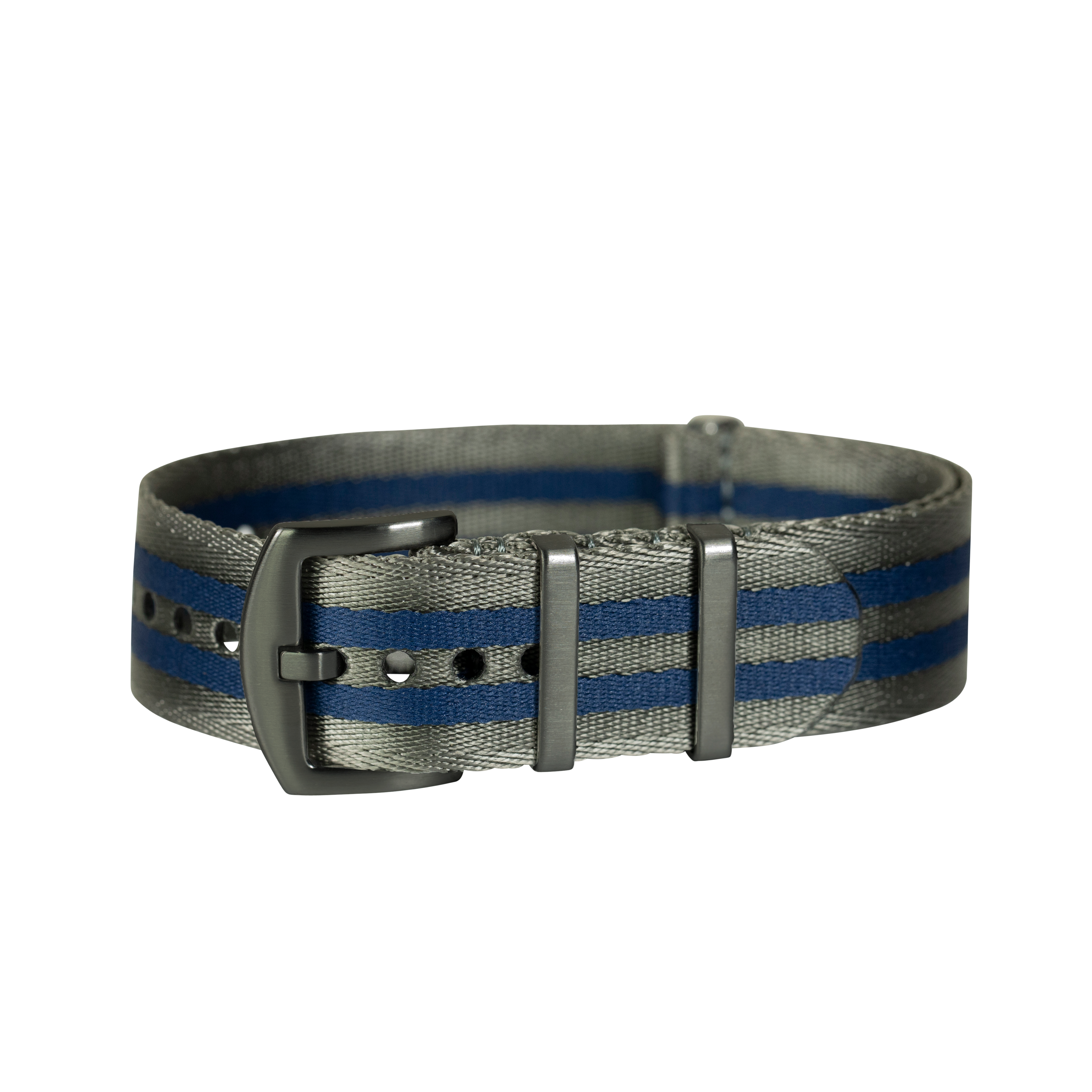 Blue and gray striped military-style fabric belt with gunmetal buckle and keepers