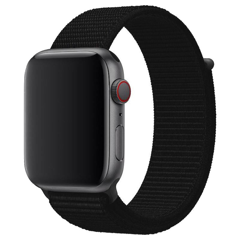 Black sports loop velcro band for smartwatch with space gray aluminum case and red digital crown