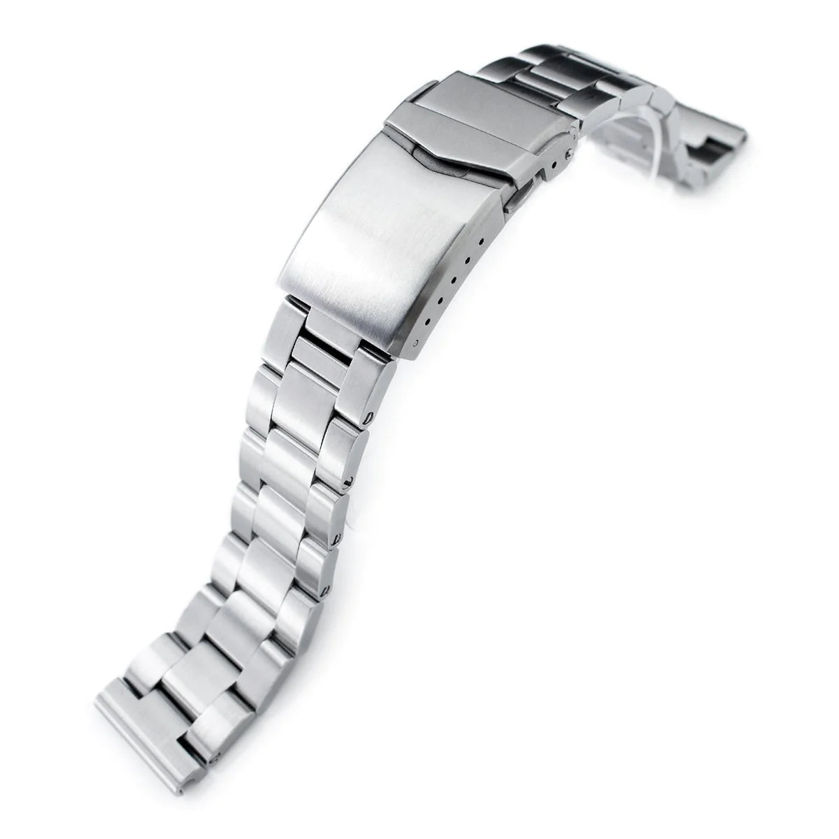 Stainless steel watch bracelet with solid links and V-clasp deployment buckle, polished finish metal band