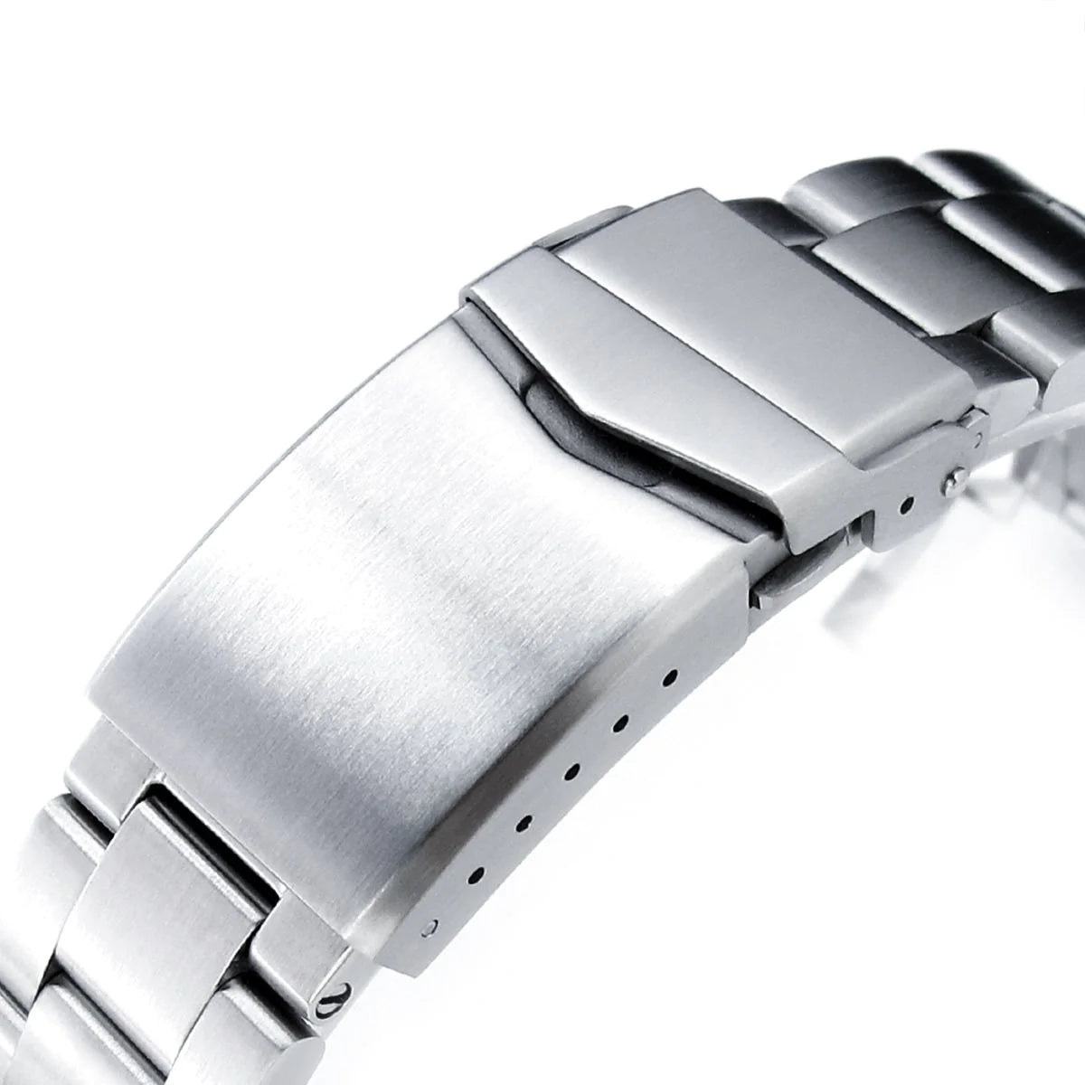 Stainless steel watch bracelet with brushed finish and secure V-clasp buckle closure system