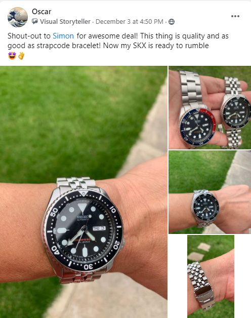 Seiko SKX dive watch with black dial and steel King Jubilee bracelet worn on wrist, multiple angle views