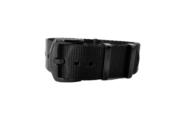 Black tactical canvas belt with black hardware buckle and reinforced stitching for durability
