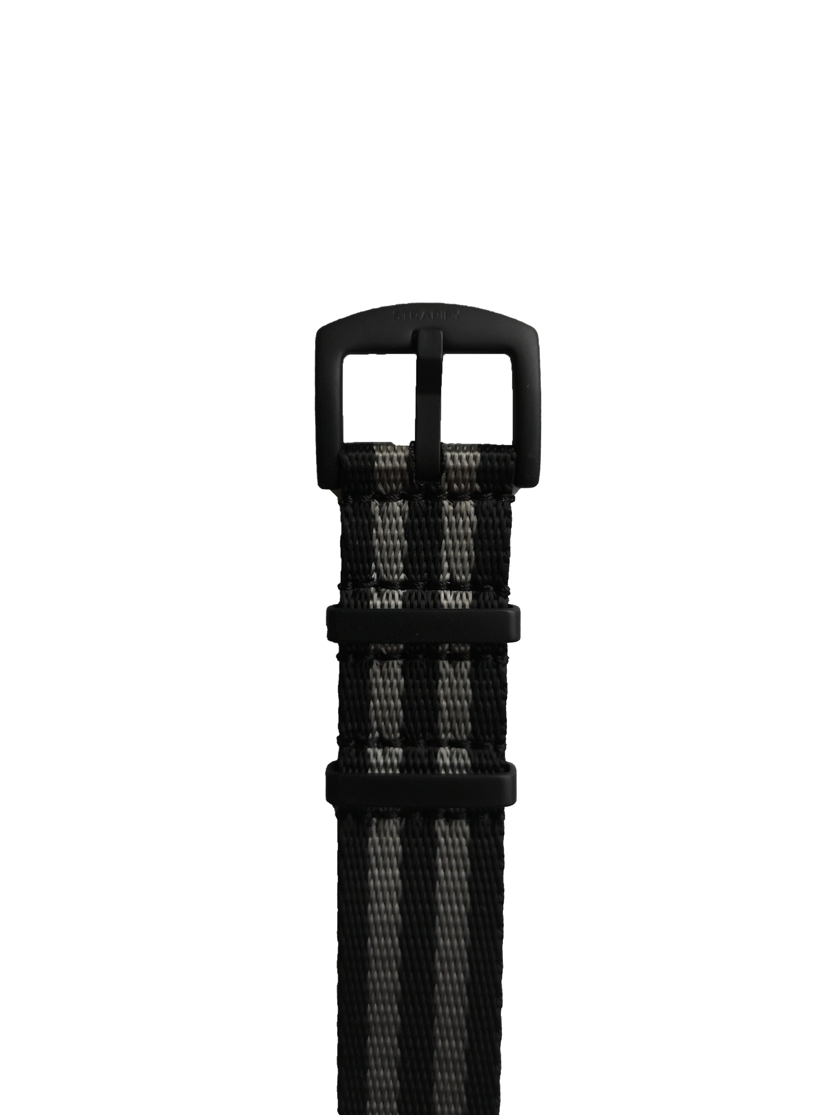 Black military-style nylon webbing belt with plastic buckle and hardware straps