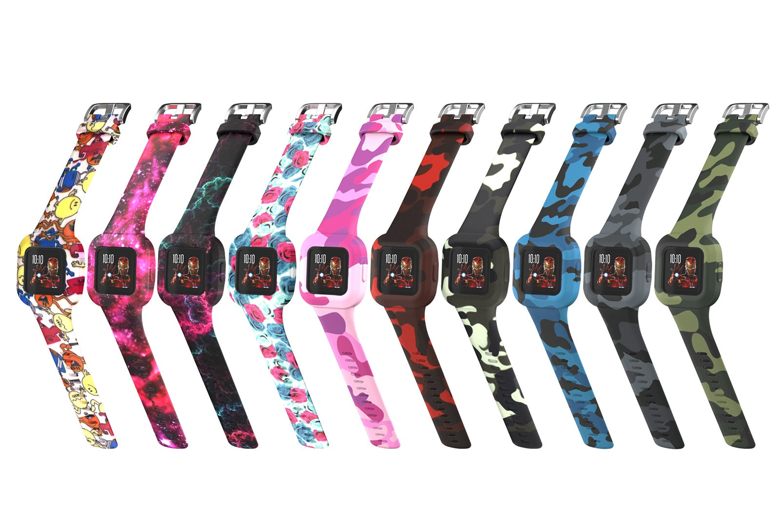 Garmin Vivofit JR 3 kids smartwatch in 10 colorful designs including camo, floral, and character patterns