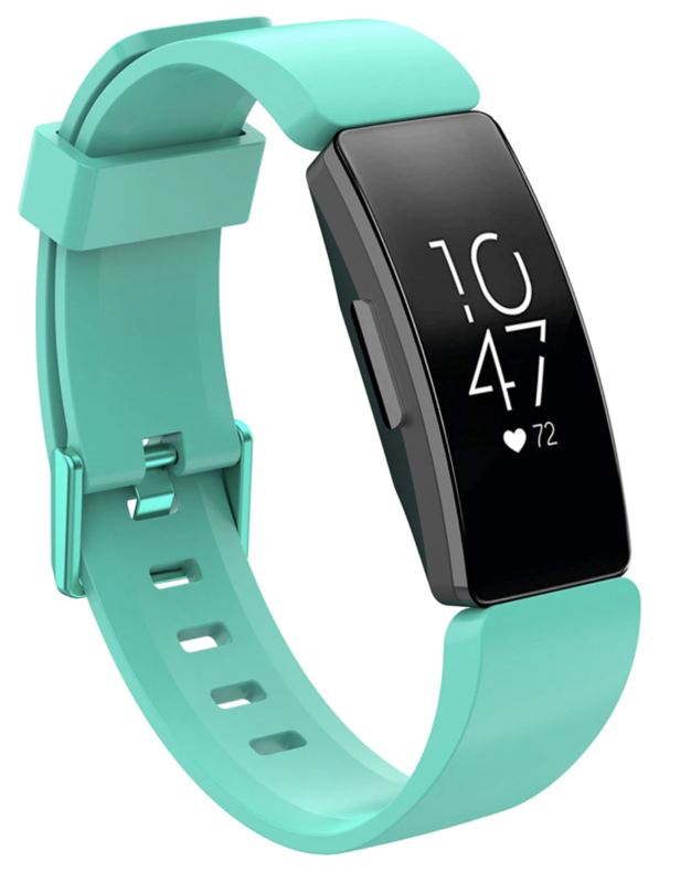 Mint green silicone fitness tracker band with black OLED display showing heart rate monitor and time, featuring adjustable buckle clasp