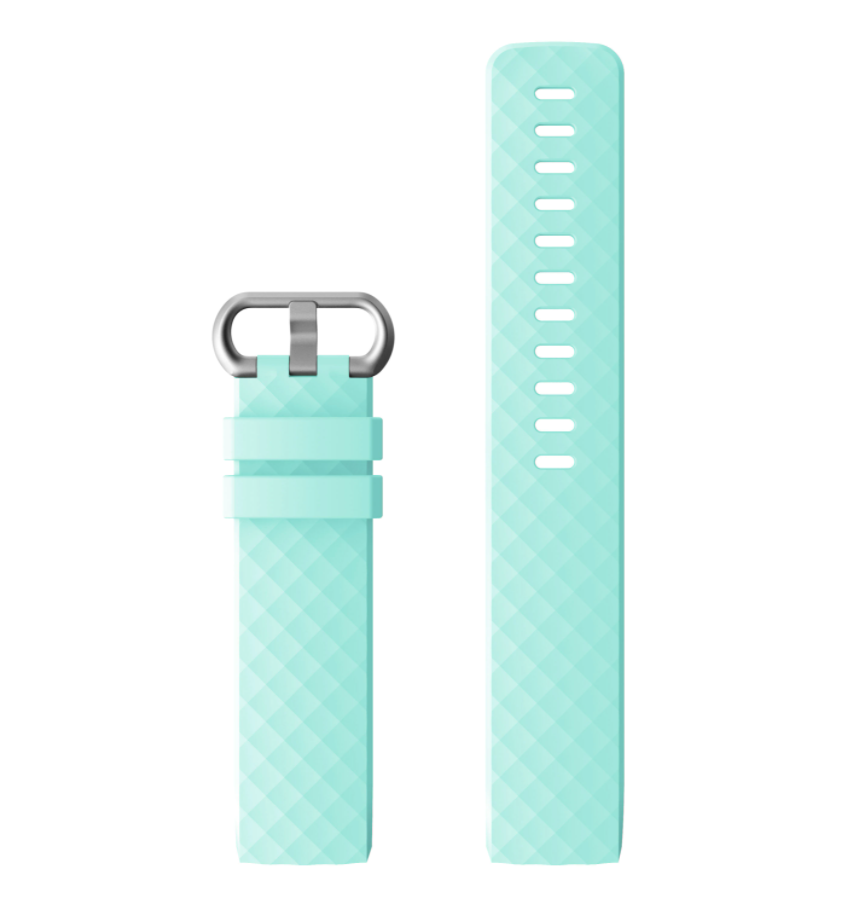 Teal silicone watch band with quilted texture for Fitbit Charge 3 and 4, featuring silver hardware and ventilation holes