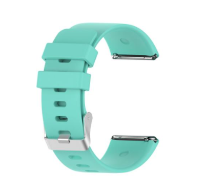 Teal silicone watch band for Fitbit Versa and Versa 2 with stainless steel connectors and adjustable strap