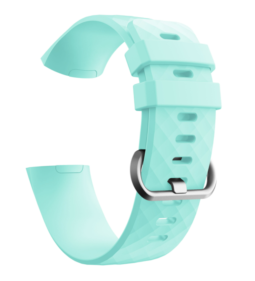 Teal silicone replacement band for Fitbit Charge 3 and 4 fitness tracker with adjustable strap and metal buckle clasp