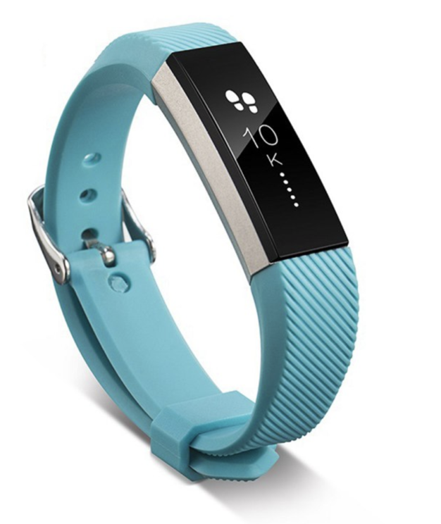 Teal silicone Fitbit fitness tracker with textured band and metal buckle, displaying time on black screen