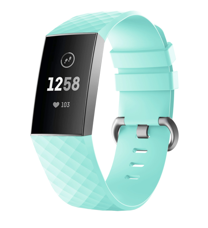 Turquoise silicone band for Fitbit Charge 3 and 4 fitness tracker with quilted texture and metal buckle clasp