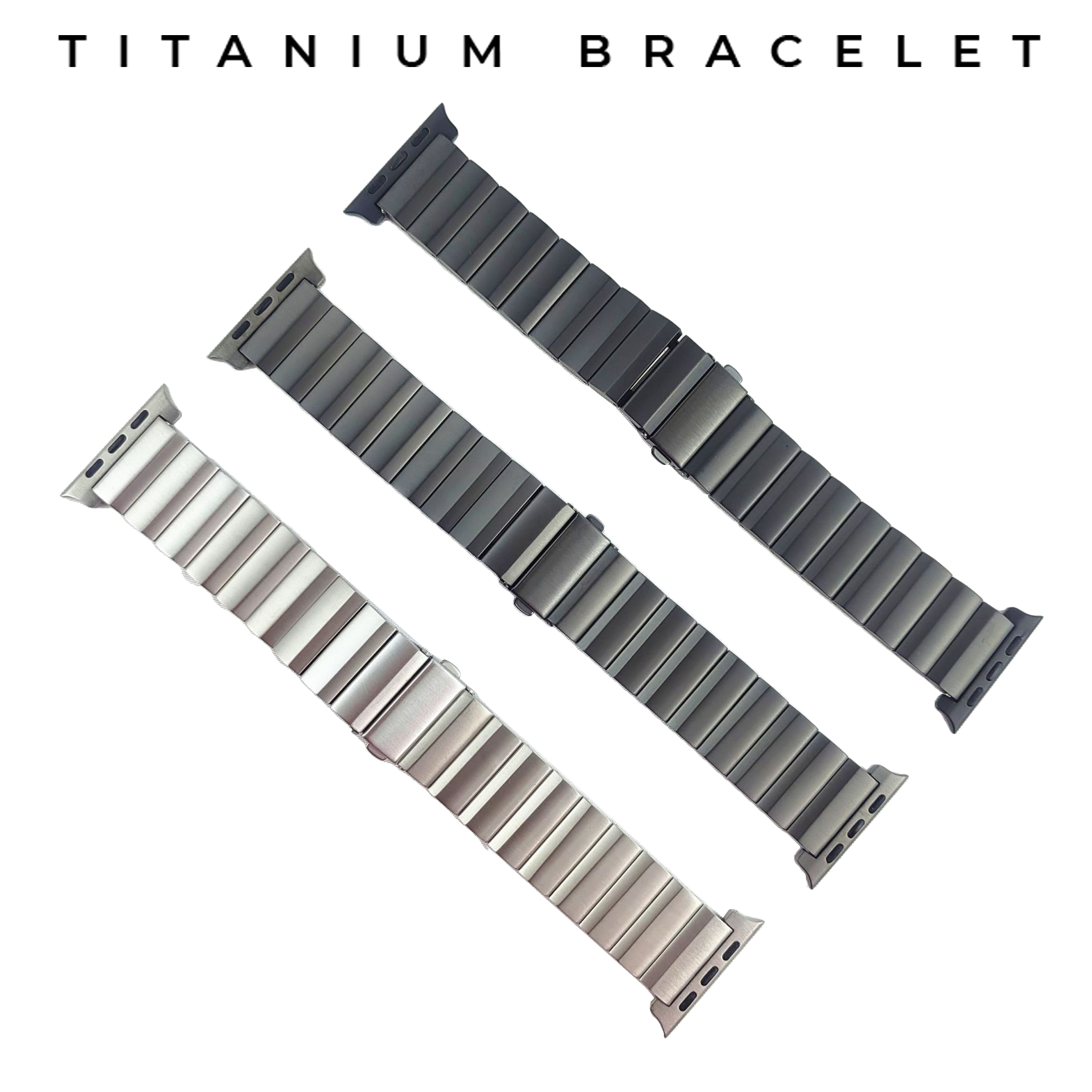 Titanium bracelet for Apple Watch in silver, gray, and black finishes with segmented link design and magnetic clasp