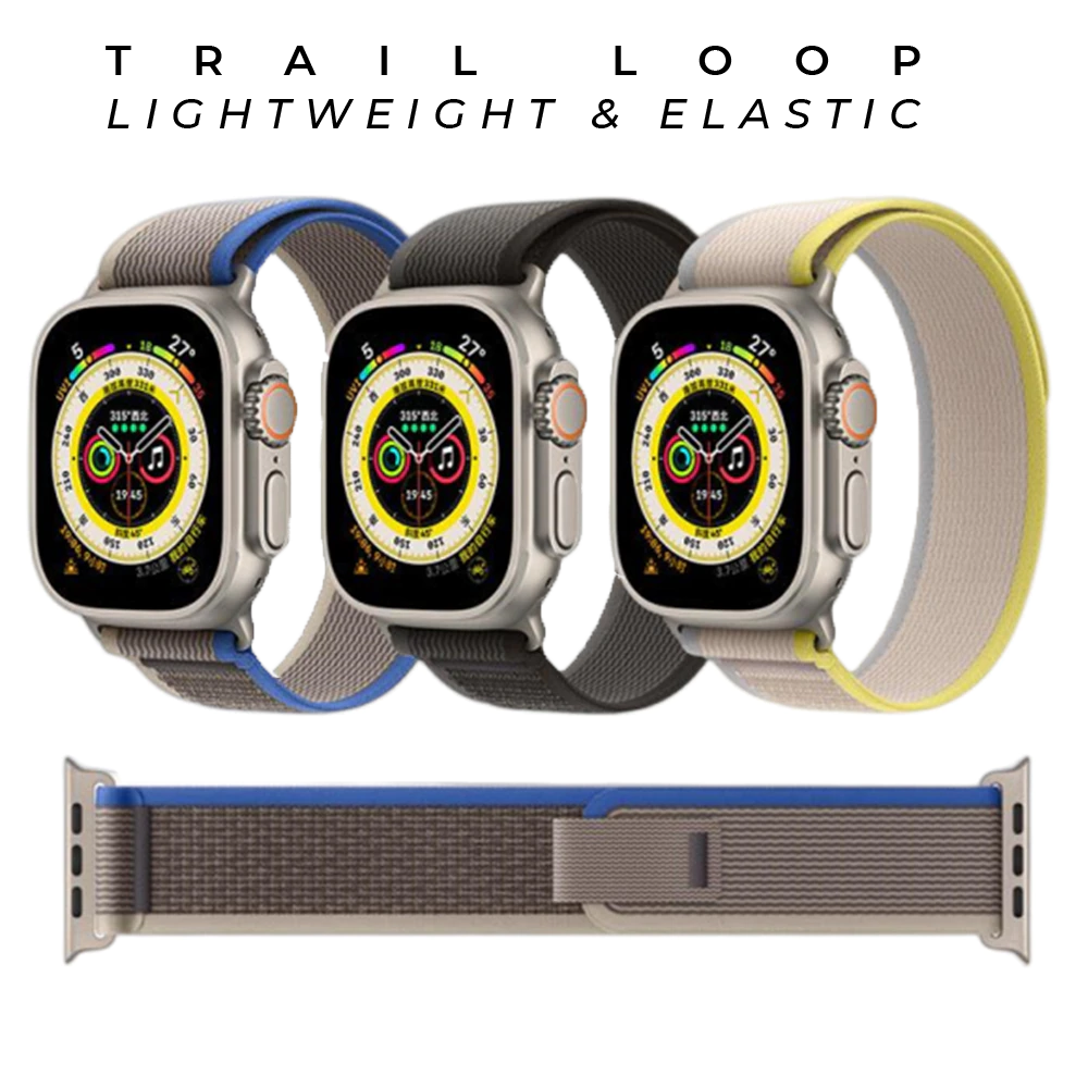 Lightweight elastic trail loop smartwatch bands in blue, black, and yellow for Apple Watch with colorful digital watch face display