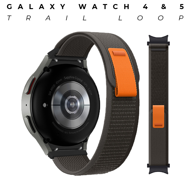 Samsung Galaxy Watch 4 and 5 Trail Loop band in gray with orange accent straps and matching replacement band