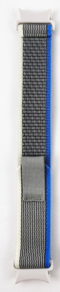Blue and gray striped nylon watch band with textured weave pattern and adjustable loop closure