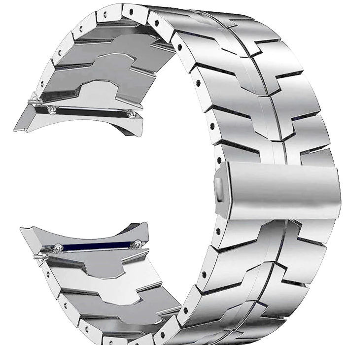 Stainless steel armour bracelet for Galaxy Watch 4-7 in silver with link connections and quick-release mechanism