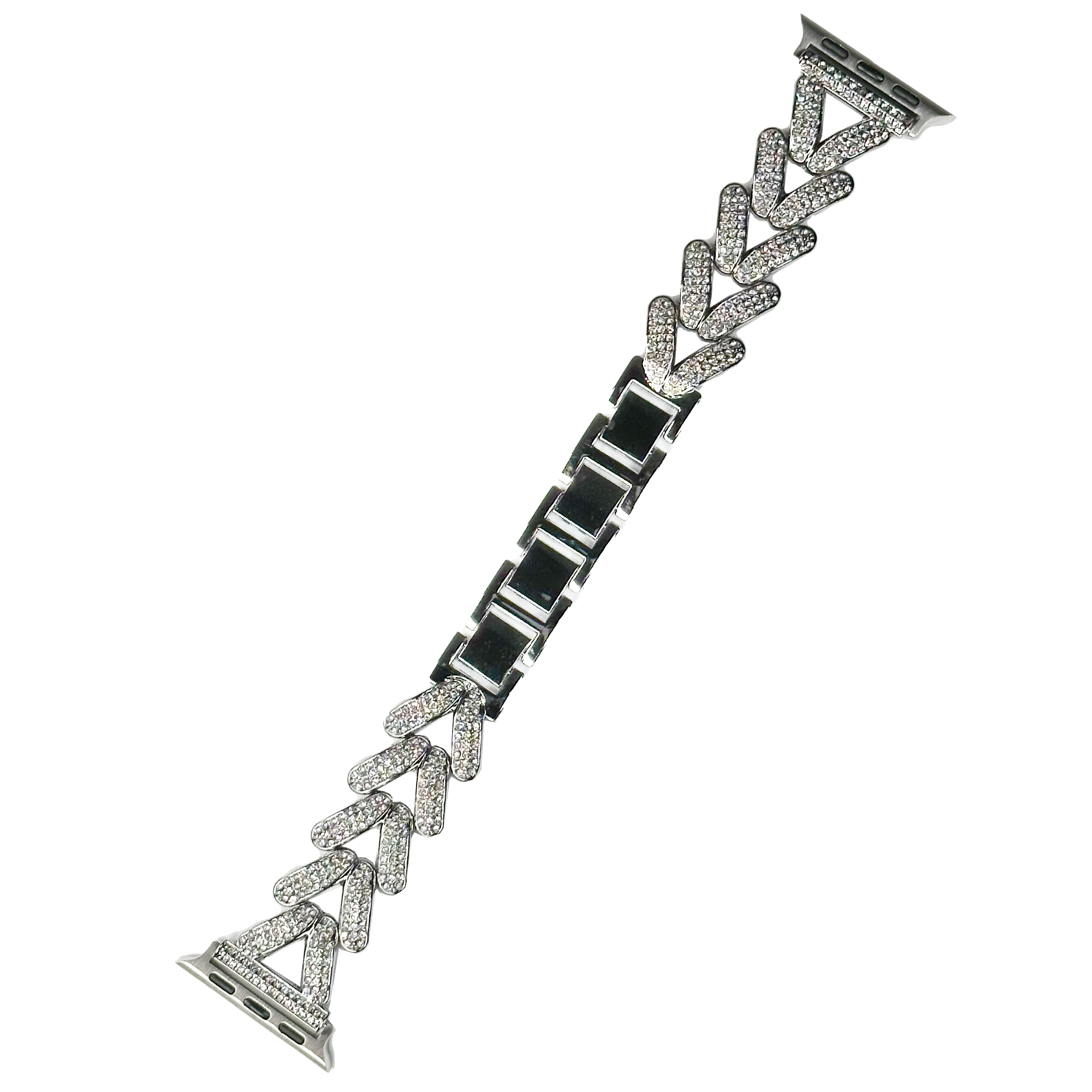 Luxury crystal-encrusted V-link smartwatch band with black ceramic center links and adjustable metal connectors for Apple Watch
