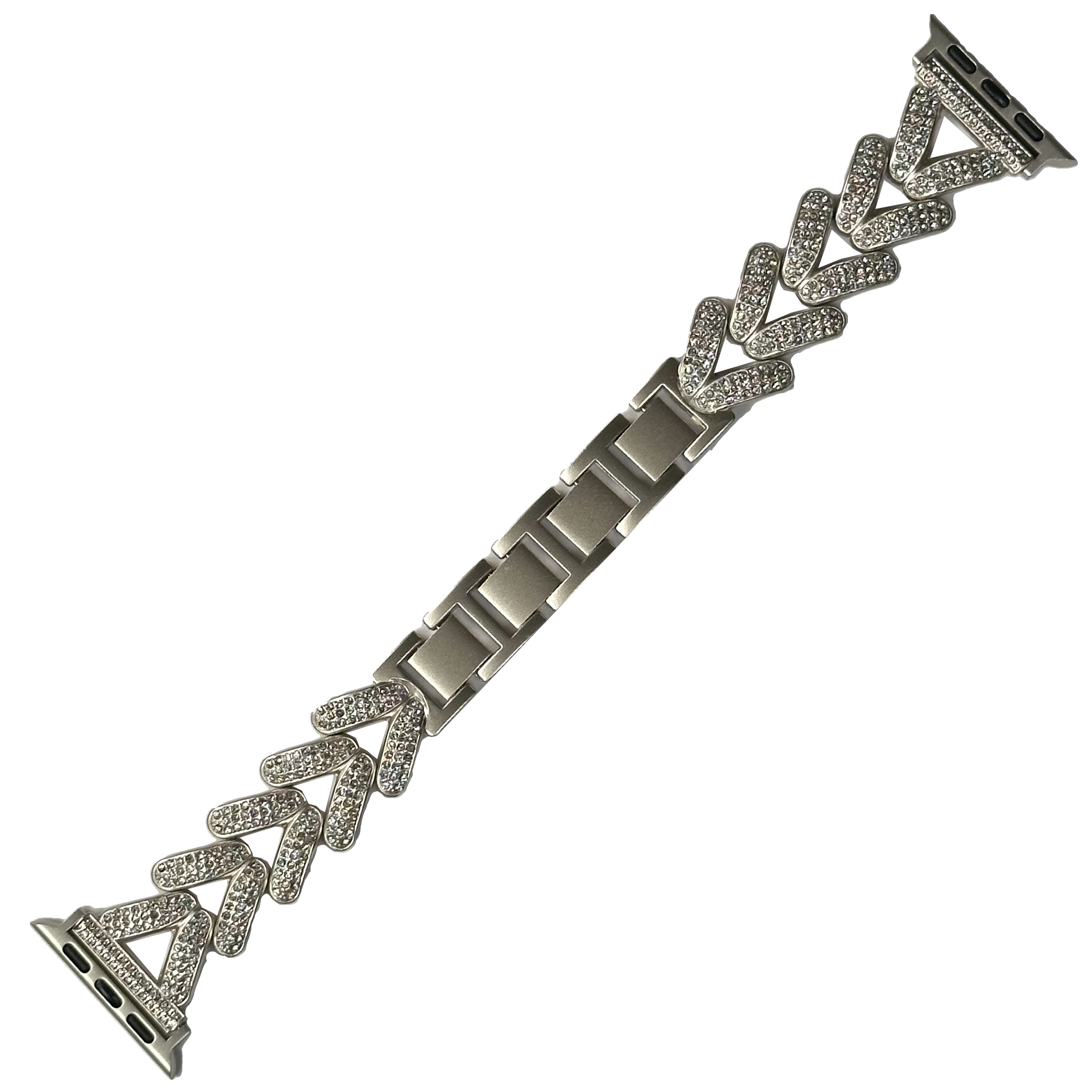 Silver crystal V-link bracelet strap for Apple Watch with geometric diamond pattern and stainless steel connector band