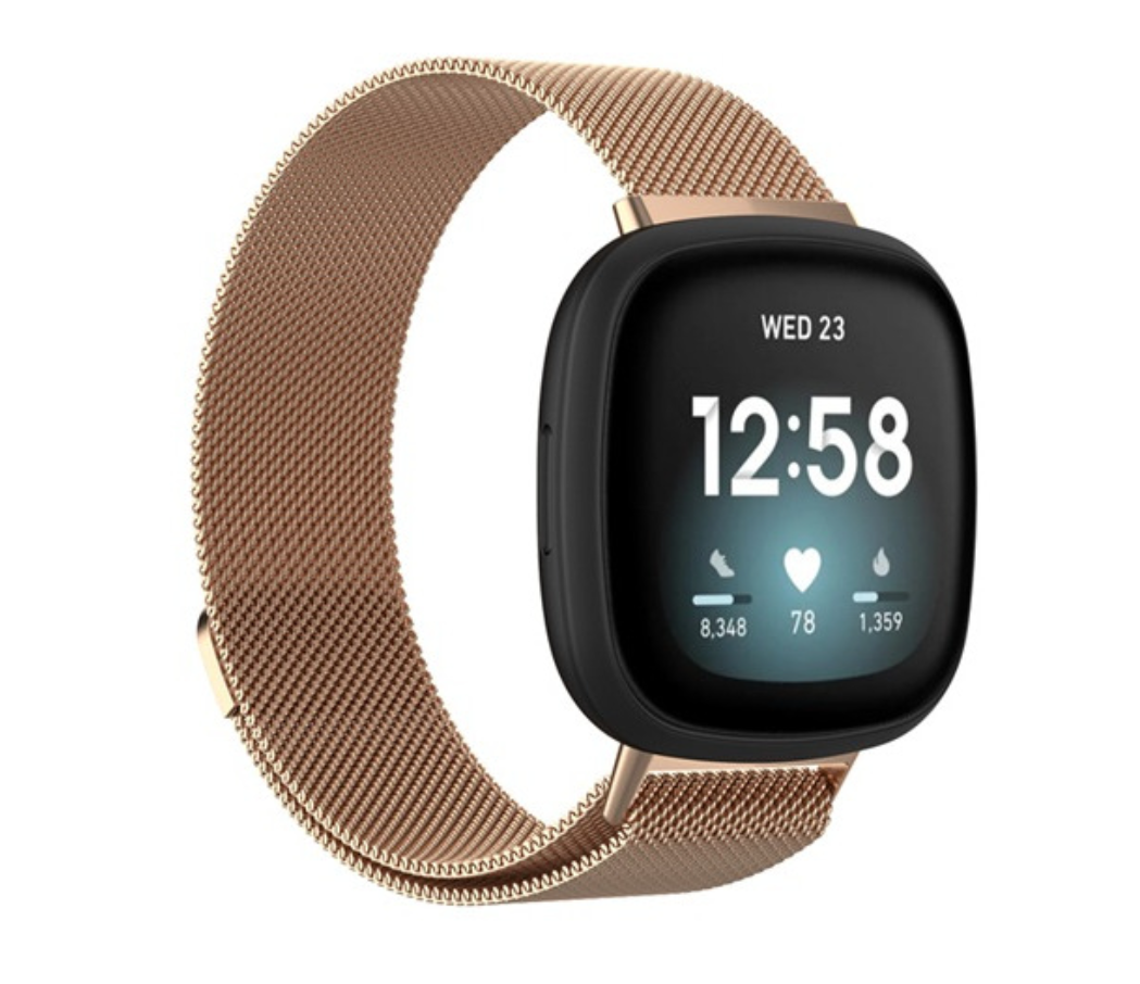 Smartwatch with rose gold Milanese mesh band displaying time 12:58, heart rate 78, steps 8,348 and water intake tracking