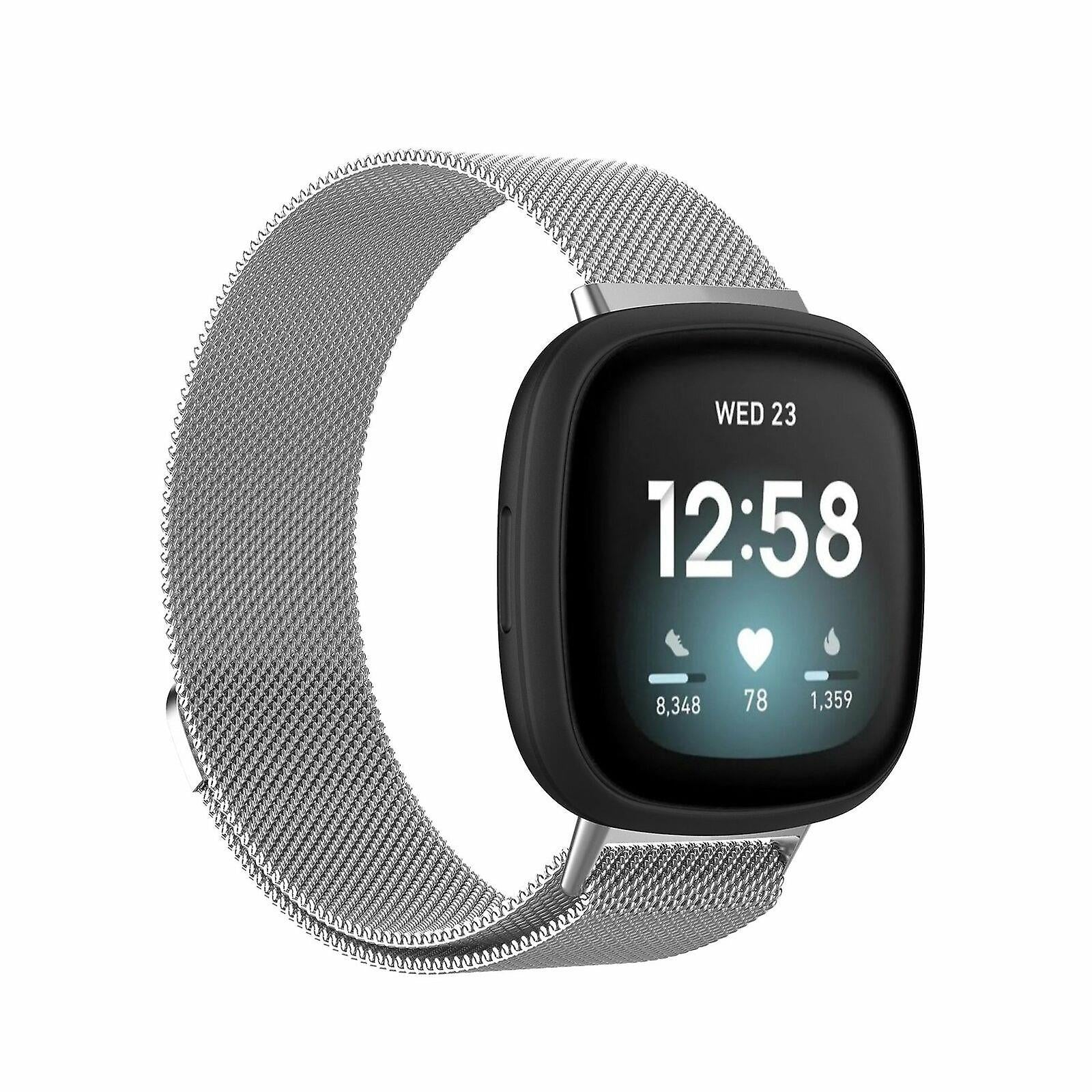 Silver Milanese mesh band smartwatch with black square display showing time 12:58, heart rate, and activity stats