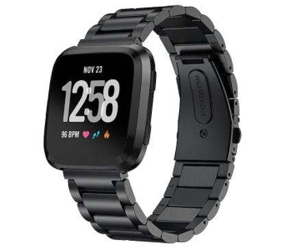 Black stainless steel bracelet band for Fitbit Versa smartwatch with secure link connections and metal clasp closure