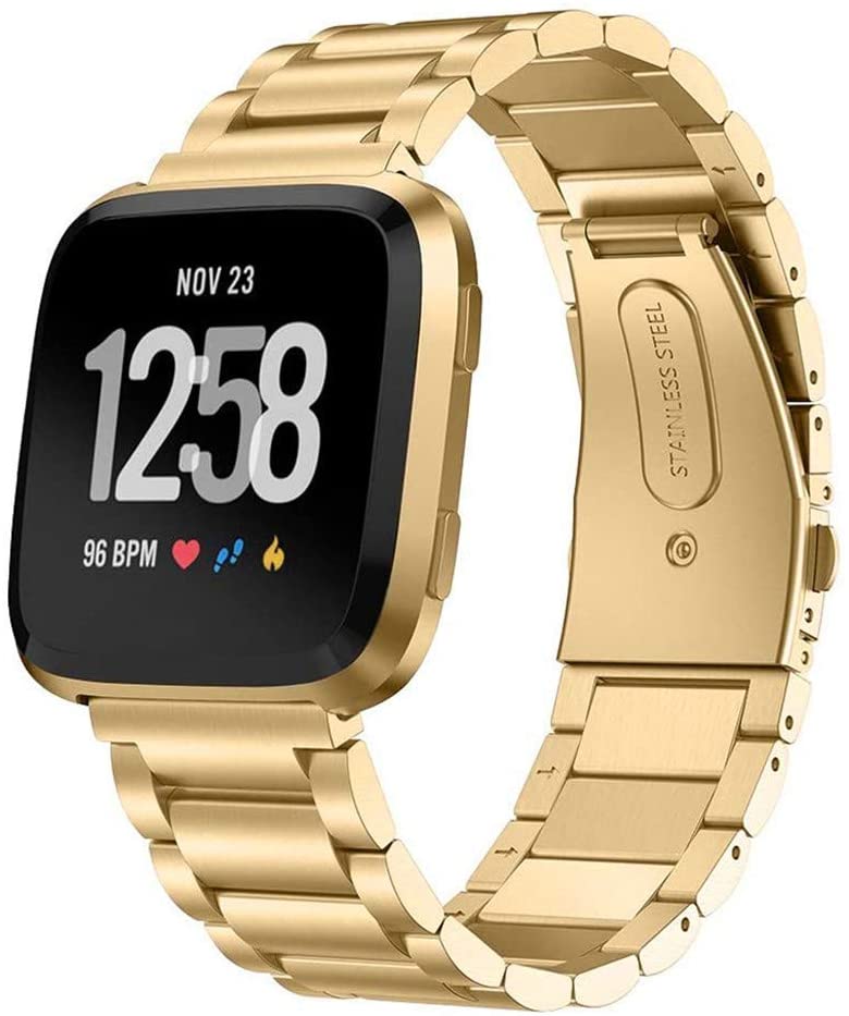 Gold stainless steel bracelet band for Fitbit Versa smartwatch displaying time and heart rate on black screen