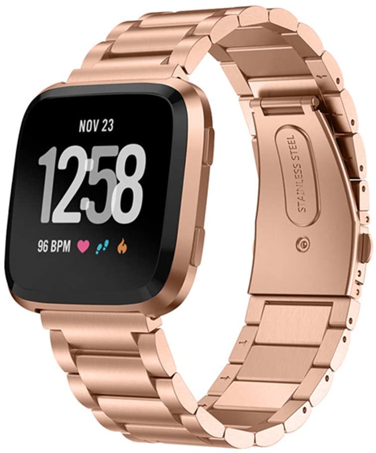 Rose gold stainless steel bracelet band for Fitbit Versa smartwatch with link strap and deployment clasp