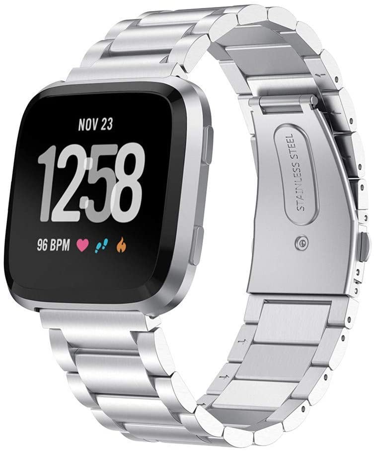 Silver stainless steel bracelet band for Fitbit Versa smartwatch with link strap and secure clasp closure