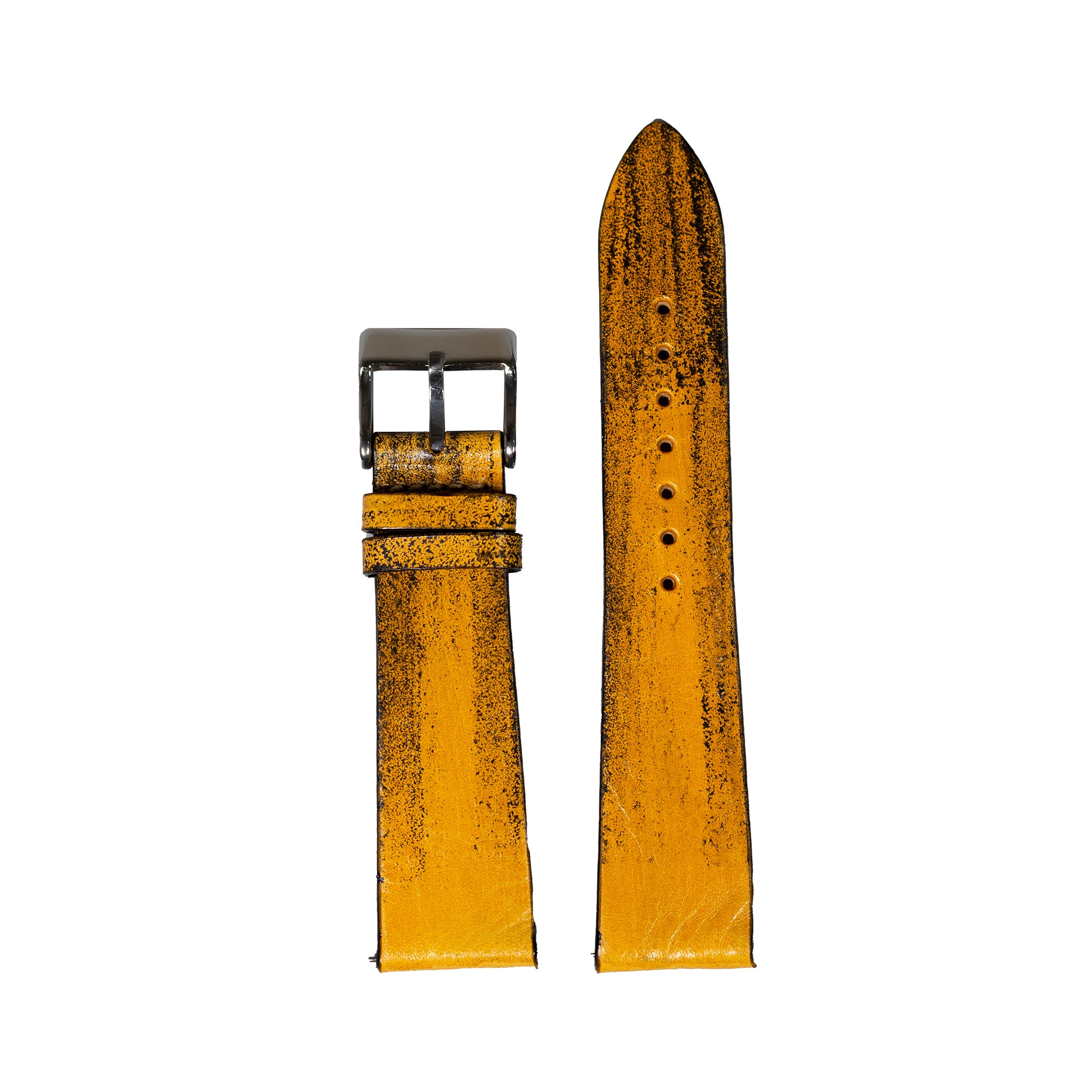 Vintage yellow leather watch strap with quick release pins and distressed patina finish, gunmetal buckle included