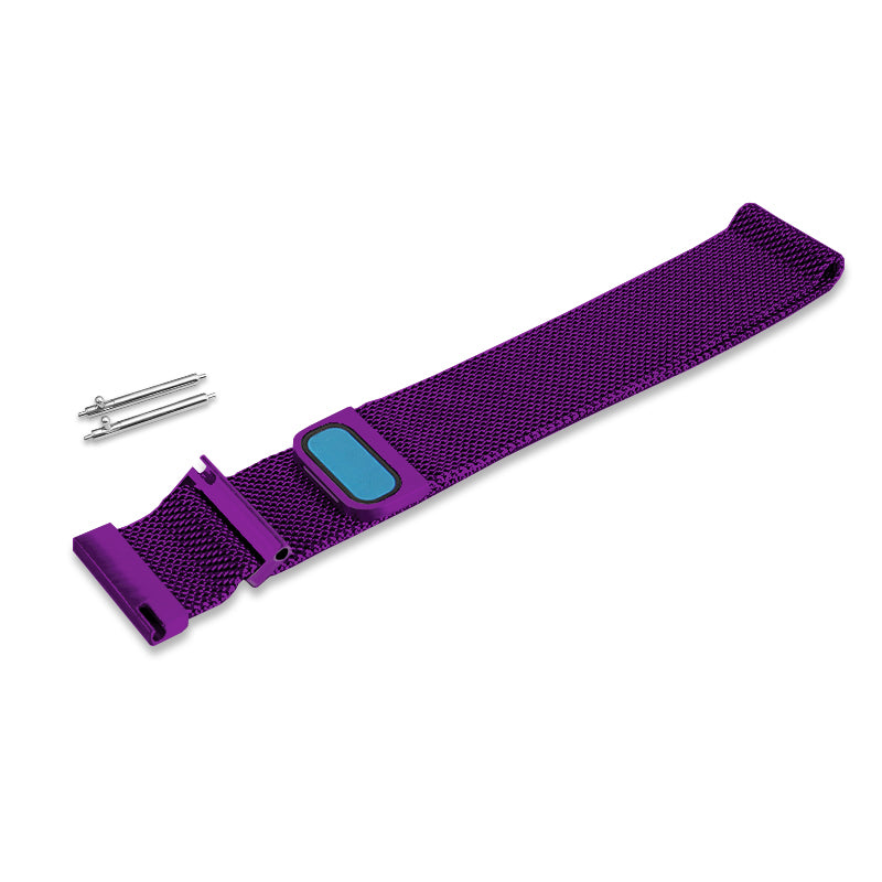 Purple Milanese mesh smartwatch band with quick release mechanism, adjustable closure, and two metal pins