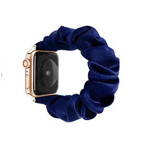 Gold smartwatch with navy velvet scrunchie loop band, adjustable fabric watch strap accessory