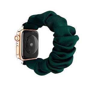 Apple Watch green scrunchie loop band with rose gold case connector
