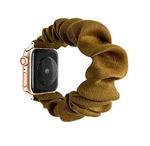 Gold velvet scrunchie Apple Watch band with chunky fabric loops and rose gold hardware