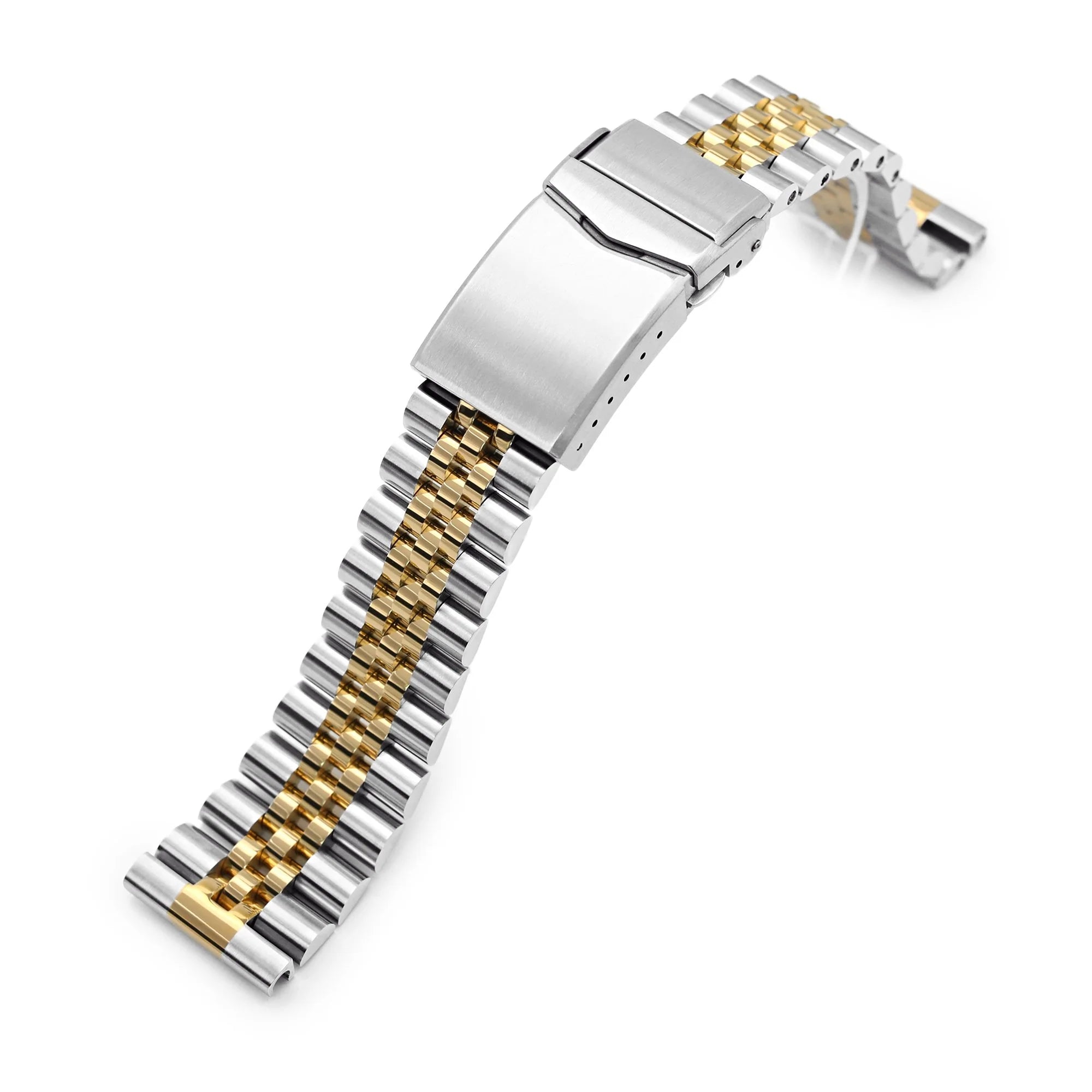Super-Jub Louis steel watch bracelet in silver and gold with V-clasp deployment buckle