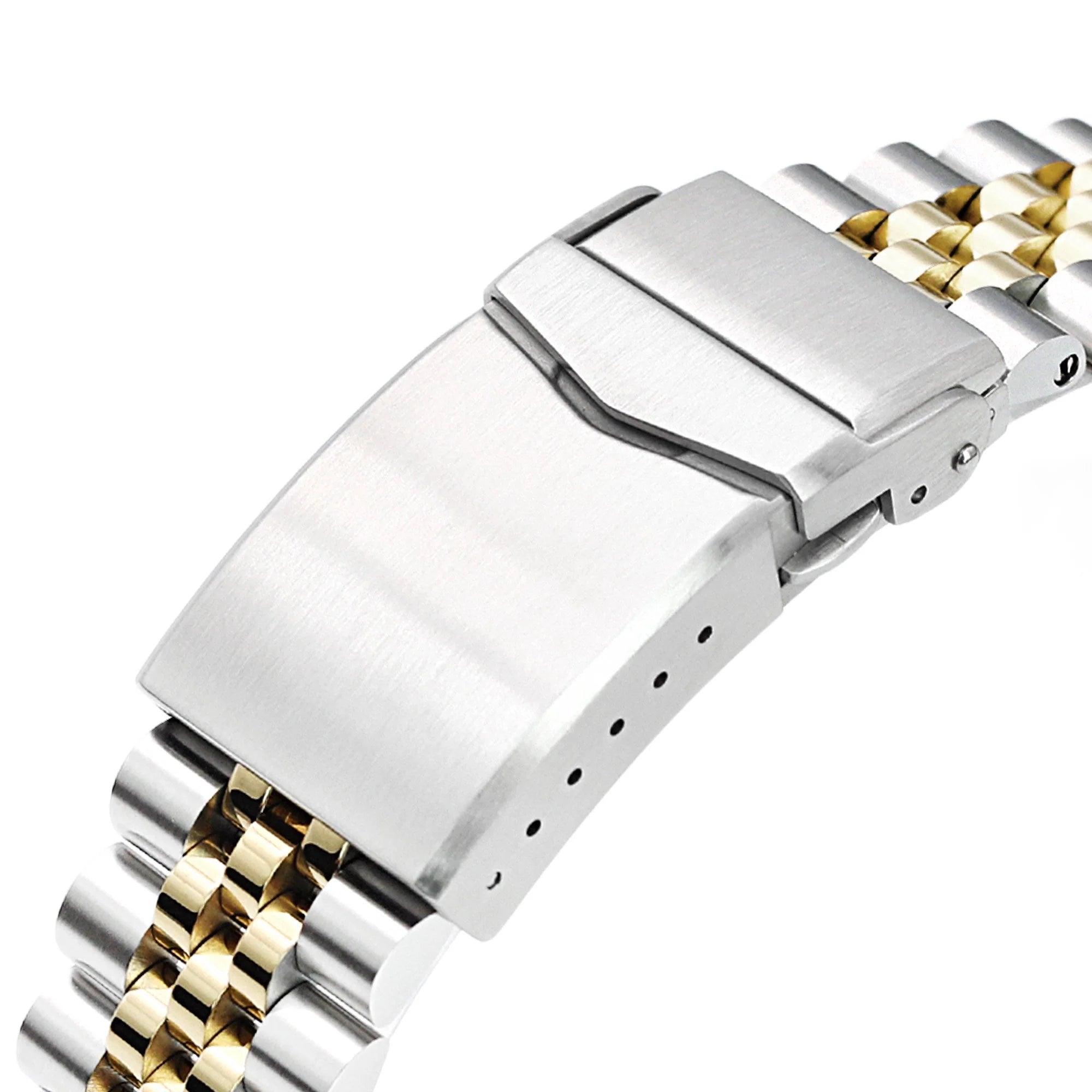 Two-tone stainless steel and gold watch bracelet with solid V-clasp buckle and jubilee link design