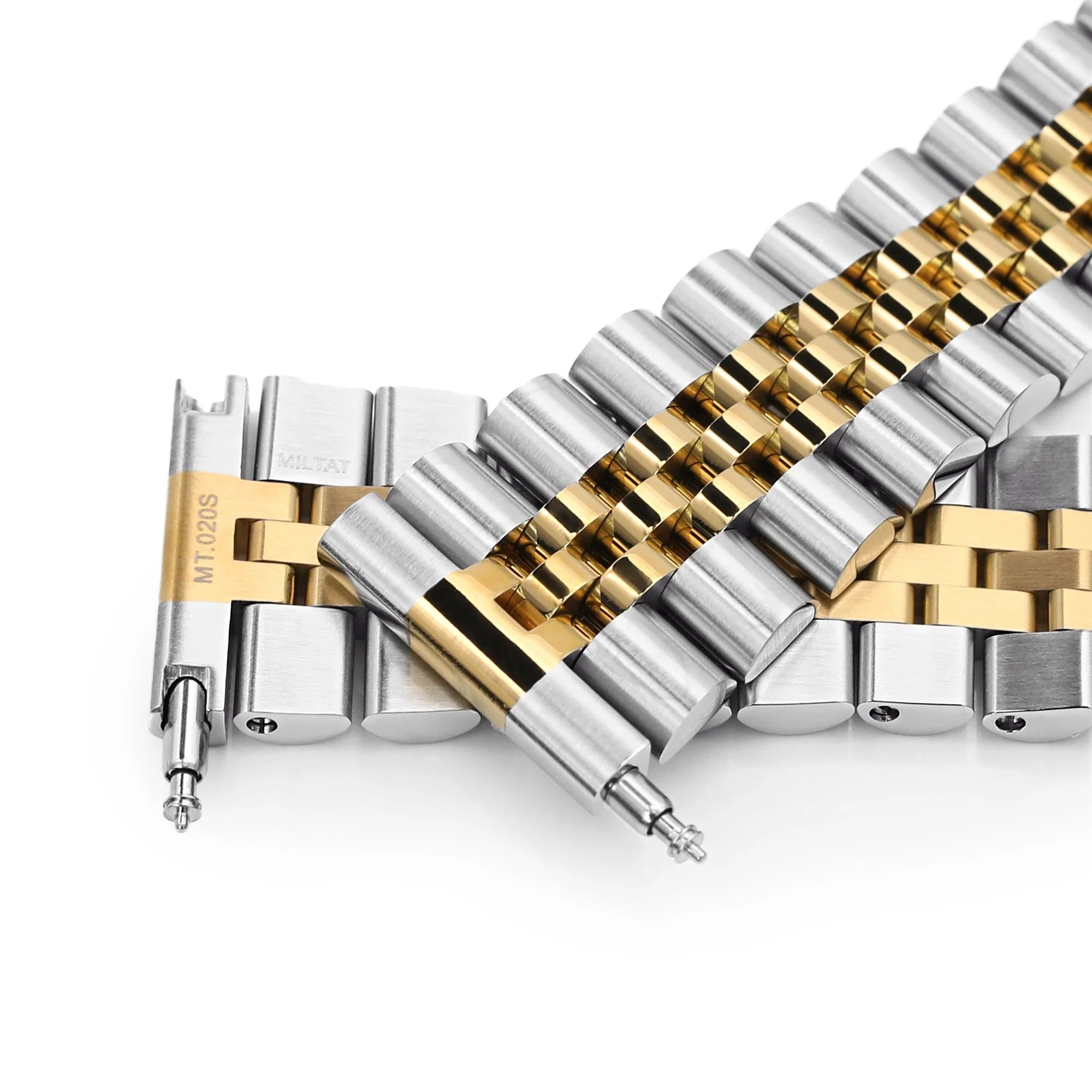 Two-tone stainless steel and gold watch bracelet with solid end links and deployant clasp closure